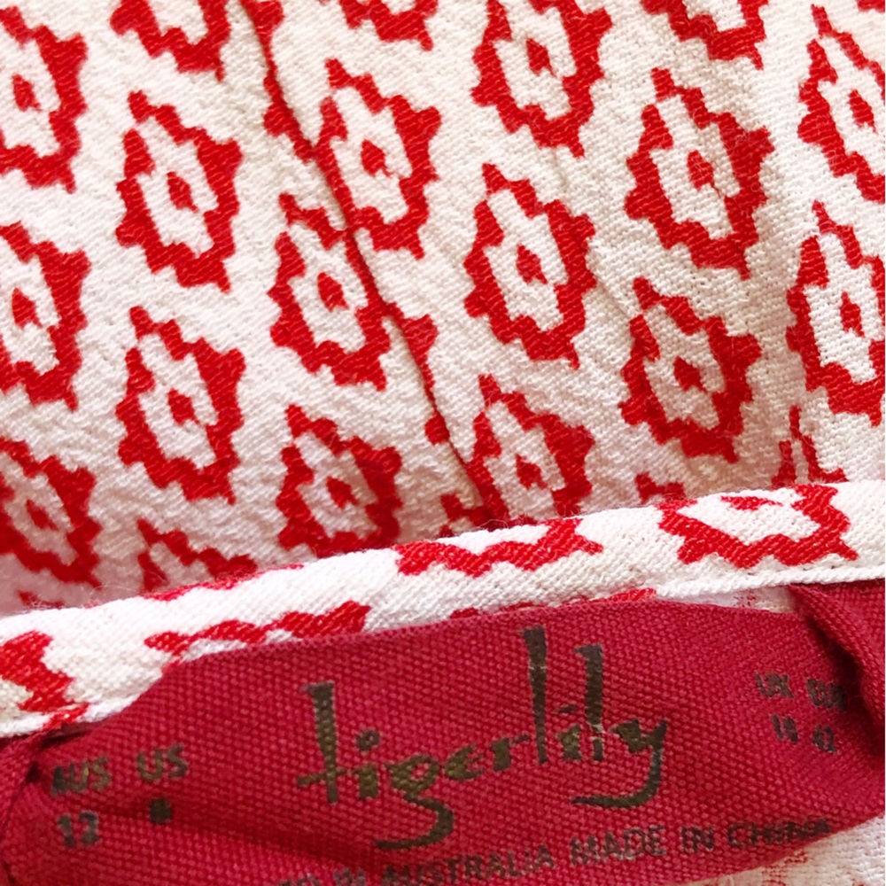 TIGERLILY Size 12 Red White Aztec Print Slip Mini Dress Summer Beach Ruffle Boho - Picture 9 of 9
